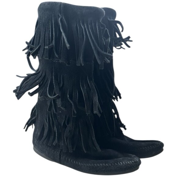 Minnetonka Boot Women 7 Black Suede Mid Calf 3 Tier Fringe moccasin boho Festiva - Picture 5 of 16